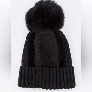 Cashmere Cable Knit Beanie Hat with Real Raccoon Fur Removable Pom in Black